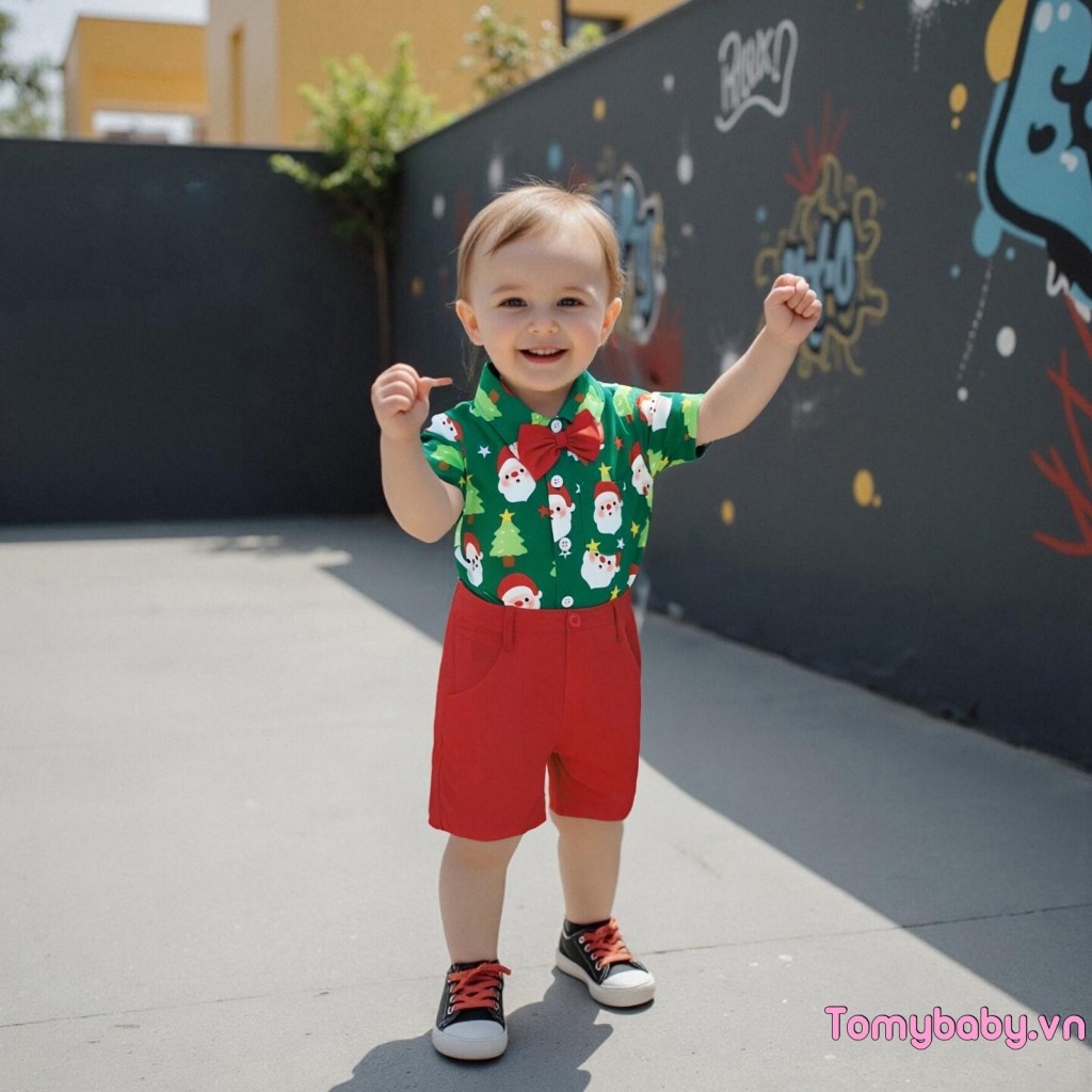 Bộ trang phục Giáng sinh cho bé trai mới biết đi Áo sơ mi nơ ngắn tay in hình ông già Noel + Quần Short màu trơn Bộ 2 món quý ông