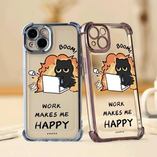 Happy Working Cat Bốn Góc Chống Rơi Lucency Ốp Lưng Điện Thoại OPPO Reno 14 13 12 11 10 Pro 14F 13F 12F 11F 5G Vỏ Bảo Vệ Ống Kính