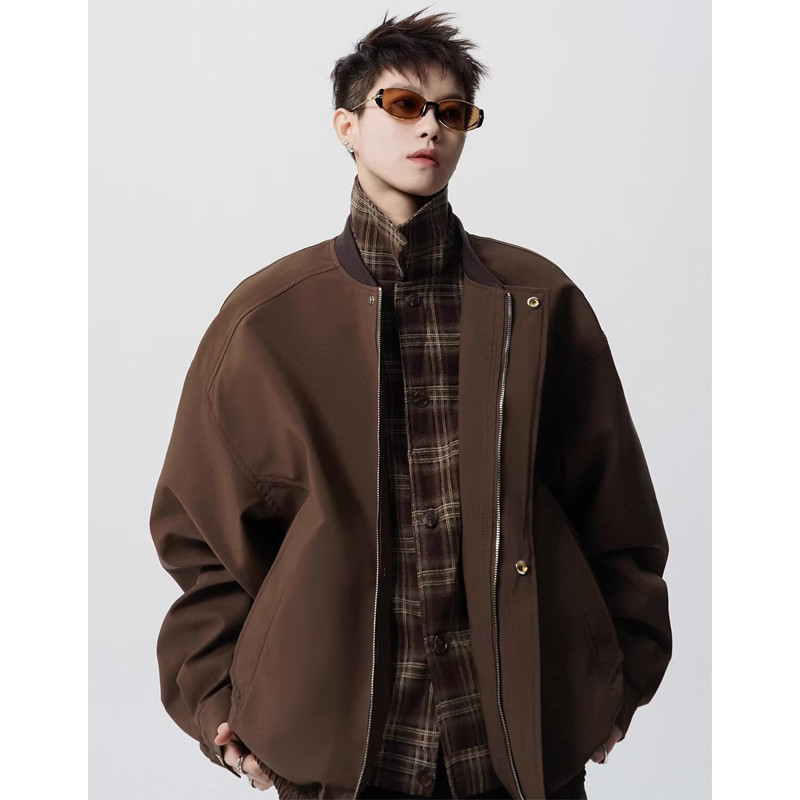 Áo Khoác Bomber Mỏng Nâu Cà Phê Cổ Lật Nối Caro Phong Cách Retro Mỹ Unisex