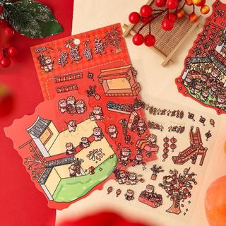 ENWEI 3 Cái [Dòng phước lành tức thì] Nhãn dán phong cảnh 3D Chất liệu chống thấm nước cho bữa tiệc gia đình đêm giao thừa với giấy di sản văn hóa phi vật thể Album ảnh Văn phòng phẩm