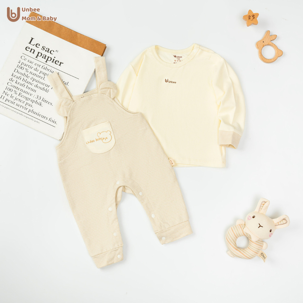 Set yếm kẻ hình gấu Unbee phối túi chất nỉ modal mềm mịn - Bodysuit cho bé trai bé gái