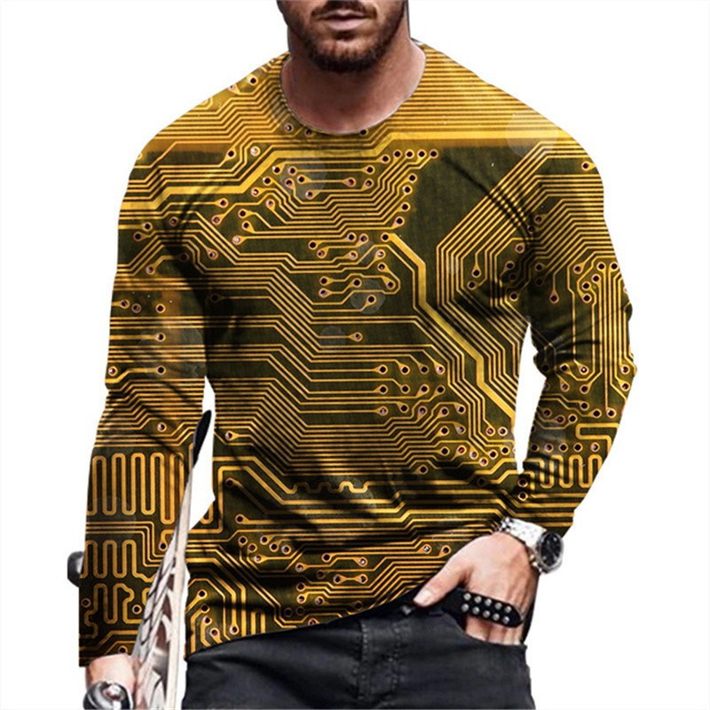 Inchip Điện Tử 3D trên Áo Thun Dài Tay Cổ Tròn, Phù Hợp Hàng Ngày