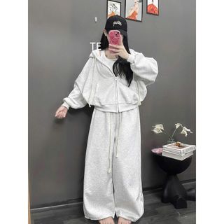Sét bộ đồ nỉ 2da, quần ống rộng xám tiêu trơn+mix áo khoác trơn nỉ 2da khoá kéo có mũ-thuba94