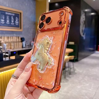 Phim Bảo Vệ Ống Kính 3D Ngựa Vàng Lấp Lánh Mạ Kim Sa Lấp Lánh Vỏ Điện Thoại Màu Cam Cho iPhone 17Promax 12 13 14 15 16 Pro Max Plus 11 Bốn Góc Chống Sốc Nam Nữ Vỏ Di Động