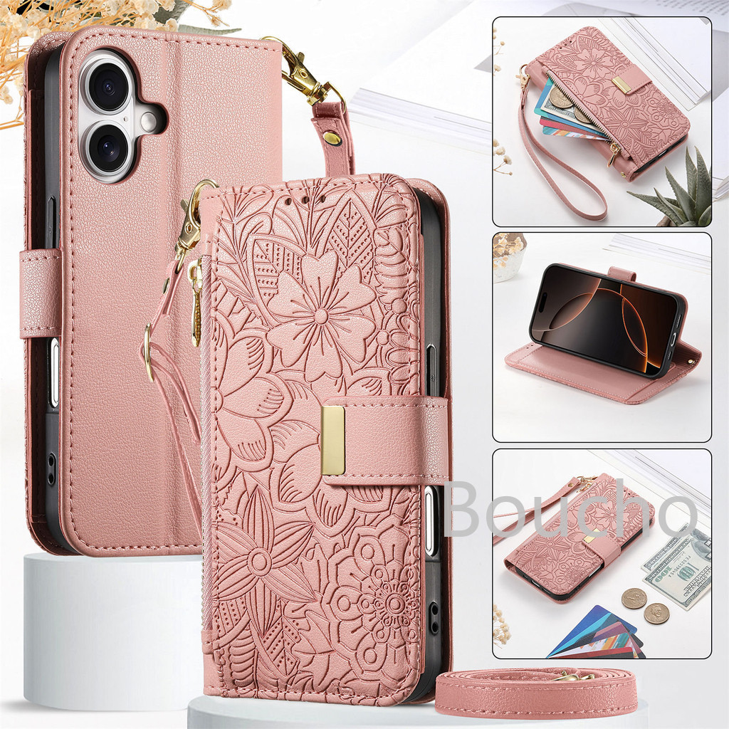 Dành Cho iPhone 17 Air 16 16E 15 14 Plus 13 Pro Max Bé Gái Ví Hoa Lật Da Khe Cắm Thẻ Ốp Lưng Điện Thoại Có Dây Đeo Dài