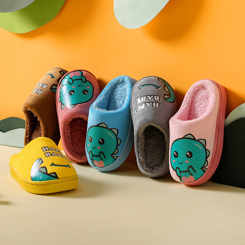 Mùa Thu Đông Cha Mẹ-Con Trẻ Em Giày Cotton Nữ Trong Nhà Hoạt Hình Dễ Thương Chống Trơn Trượt Dày Đế Dày Lông Khủng Long Nhỏ