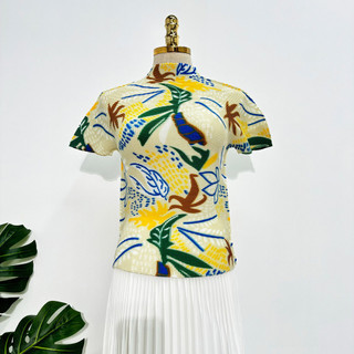 Miyake Áo Xếp Ly Mùa Hè Phong Cách Retro, Họa Tiết In Hình, Nửa Cổ Rùa, Mặc Thoải Mái