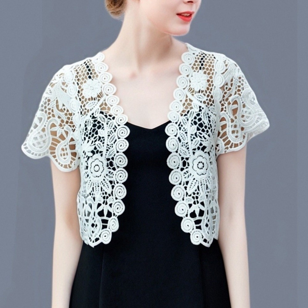 Áo khoác mùa hè HOBBYIN - Ren đen/trắng crop top và áo len cardigan ngắn tay, phù hợp cho nữ thanh lịch