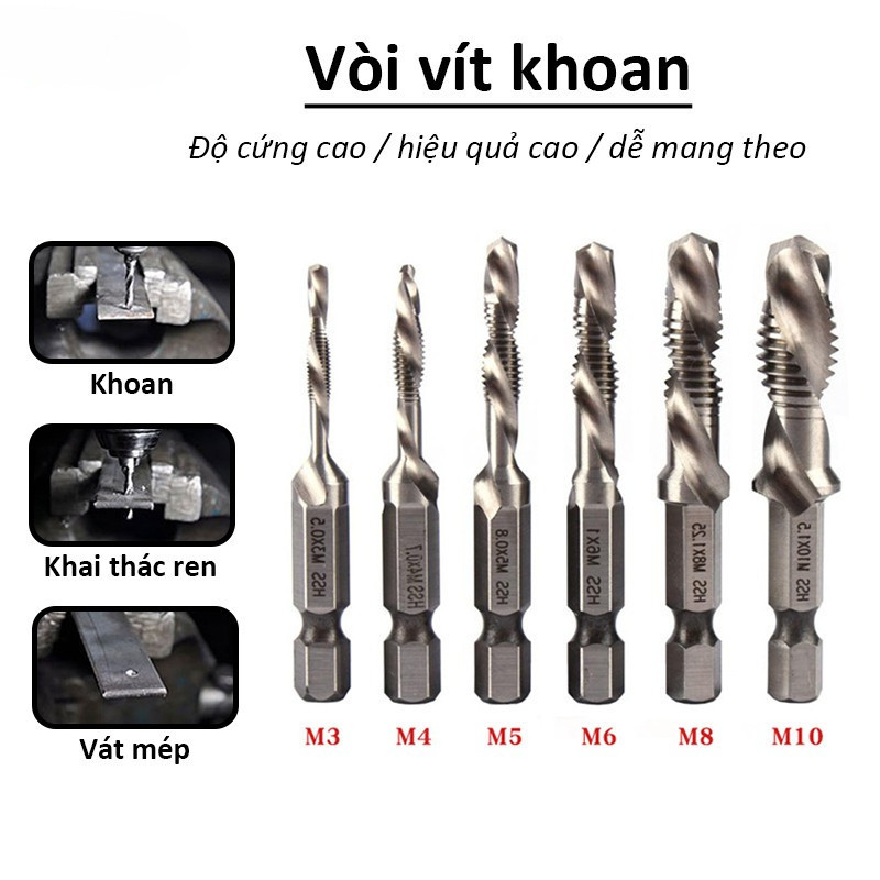 Bộ 6 Mũi Khoan Taro Ren Inox - Chuôi Lục Giác, Phủ Titan, Thép HSS Độ Cứng Cao Cho Mọi Vật Liệu