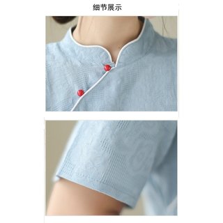 Đầm midi tay ngắn retro đứng cổ, vải lanh cotton jacquard, phù hợp mùa hè