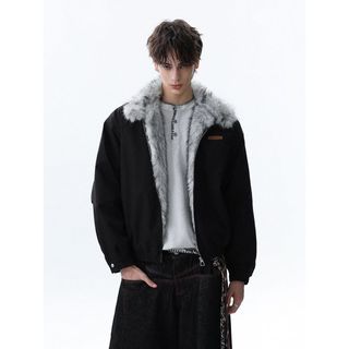 Áo khoác nam cotton retro với cổ lông thú và lót lông cừu, ấm áp và chất lượng cao