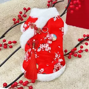 【Ready Stock】 Cat Pets' New Year Clothes New Year Clothes Festive Winter Teddy Bichon Small Dog Fleece-Lined Warm Dog Tang Suit pwMG