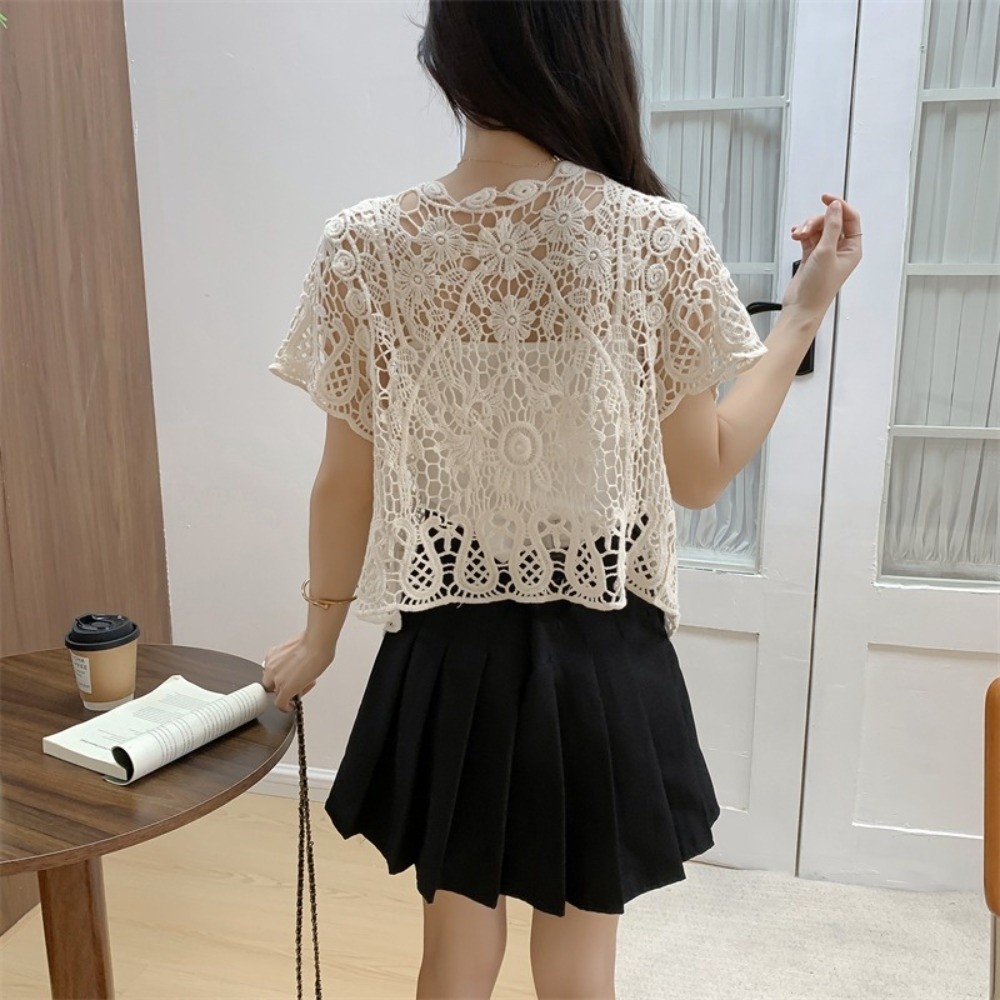 Áo khoác mùa hè HOBBYIN - Ren đen/trắng crop top và áo len cardigan ngắn tay, phù hợp cho nữ thanh lịch