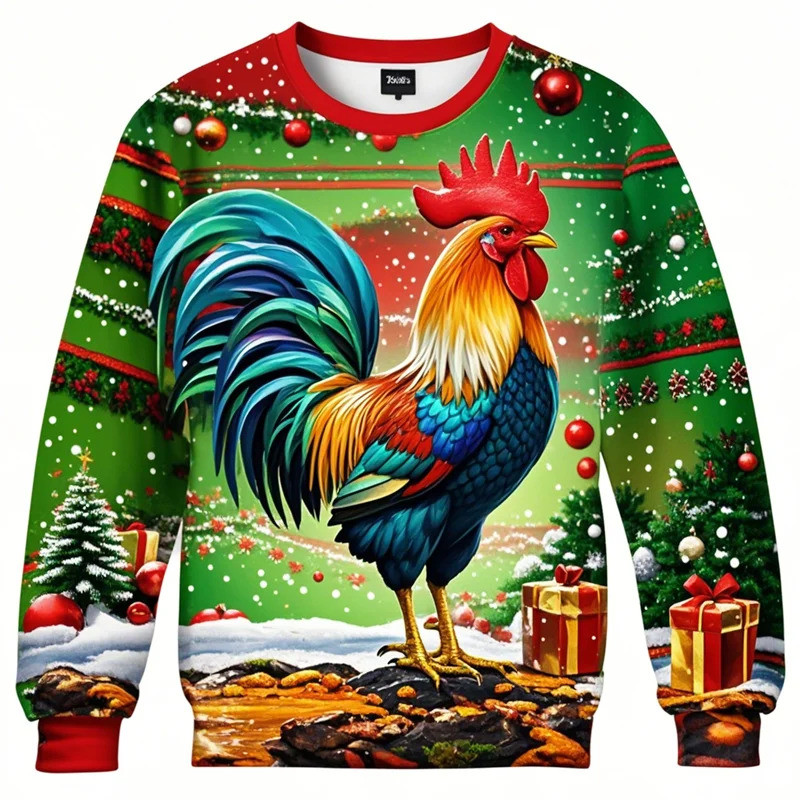 Áo thun dài tay giáng sinh với hình ảnh gà ngộ nghĩnh và ông già Noel, phù hợp cho thể thao và giải trí