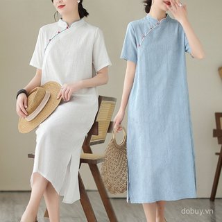 Đầm midi tay ngắn retro đứng cổ, vải lanh cotton jacquard, phù hợp mùa hè