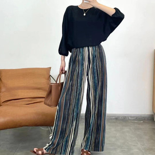Miyake Quần Áo Nữ Đi Làm Phong Cách Sọc Bohemian và Băng Lụa Xếp Ly Ống Rộng Cho Hàng Ngày