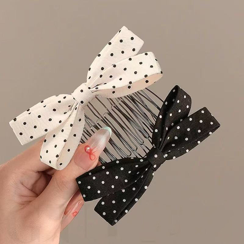 Đen trắng chấm bi kẹp tóc nơ ngược tinh tế cho tóc gãy