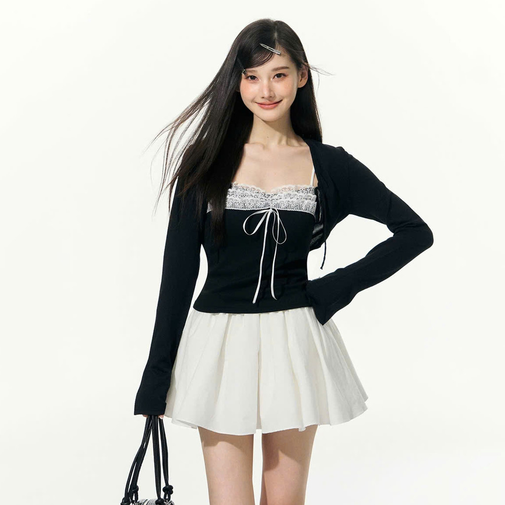 Áo 2 Dây Nữ BABEE Viền Ren Phối Nơ Kèm Khoác Cardigan Tay Dài Chất Thun Co Dãn Nhẹ Nhàng Nữ Tính
