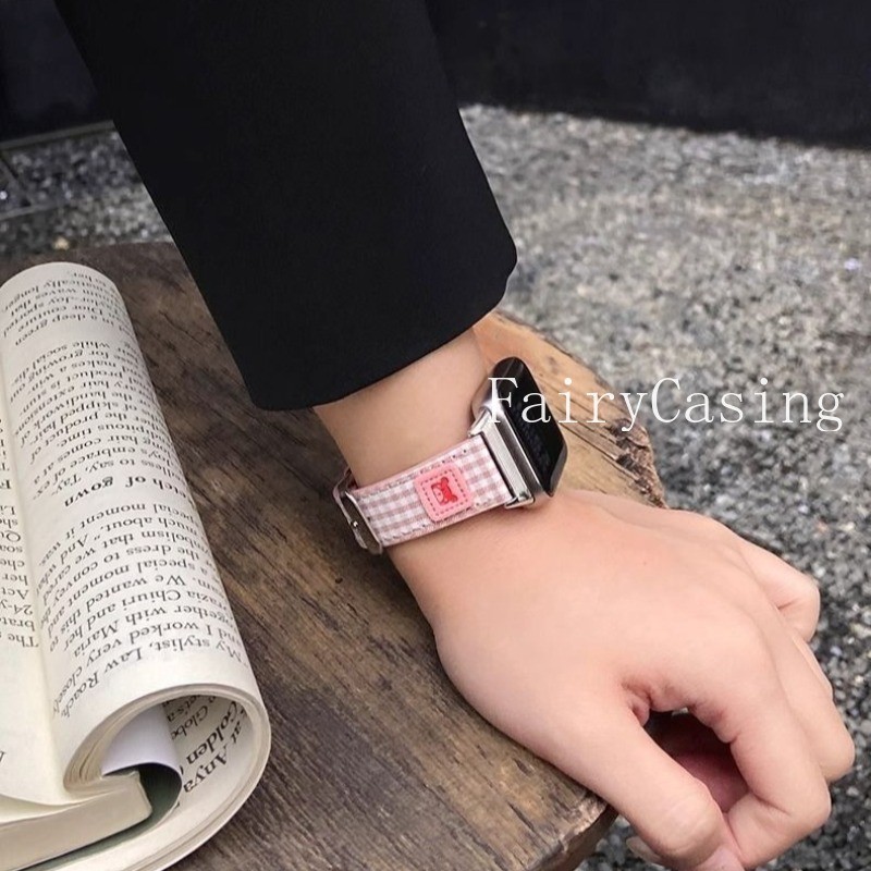 Dây đeo đồng hồ da gấu dễ thương cho Xiaomi Mi Band 8 9 10 Pro Vòng đeo tay ca rô Dây đeo cổ tay cho Redmi Watch 6 5 4 Band