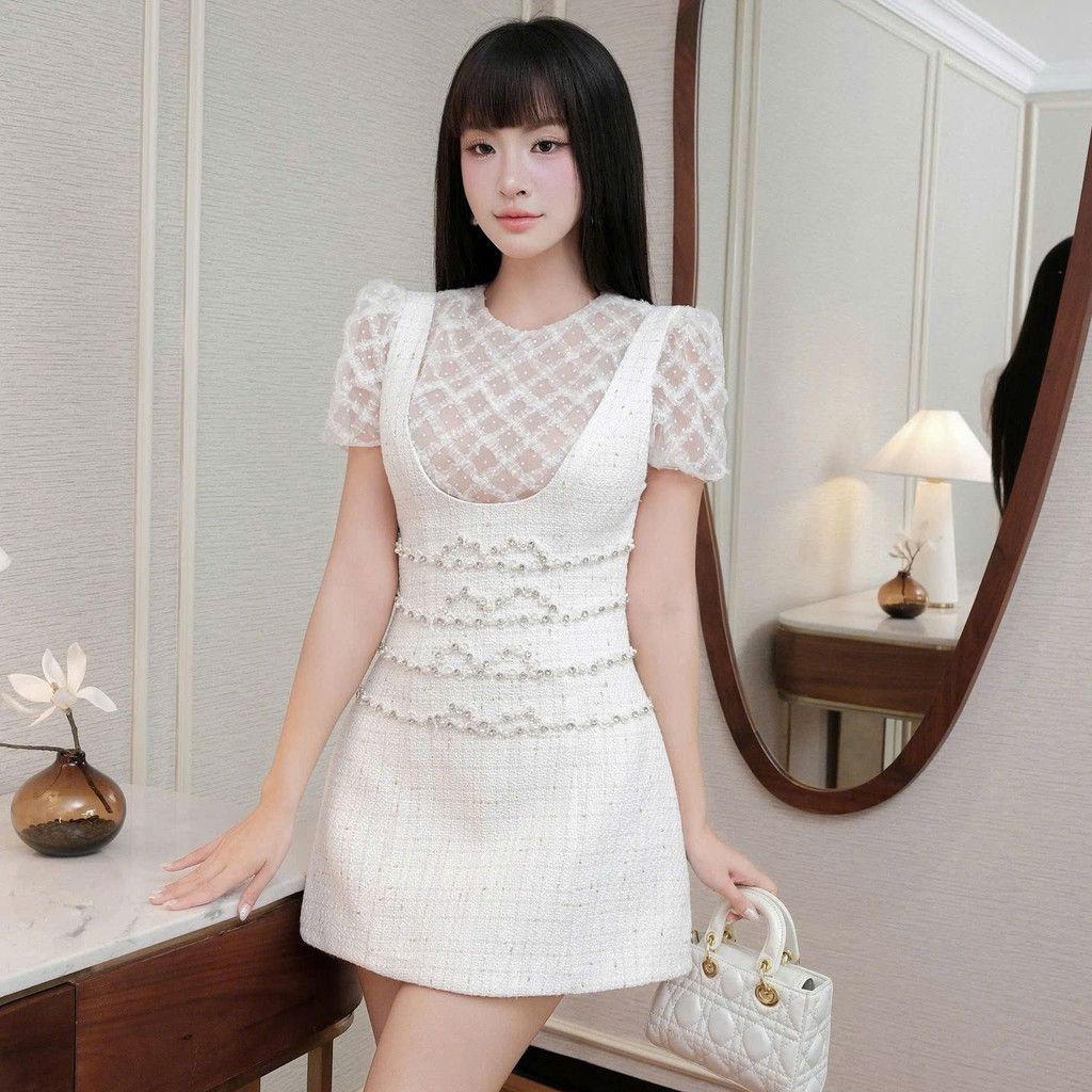 Set váy dạ tweed đính ngọc trai phối áo ren thêu phong cách nữ tính sang trọng KS396