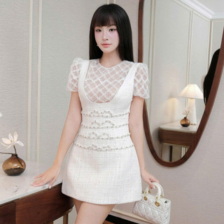 Set váy dạ Khiết Style tweed đính ngọc trai phối áo ren thêu phong cách nữ tính sang trọng KS396