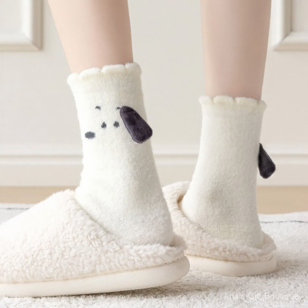 Tất Snoopy mùa đông lót dày len bông tuyết, ống giữa siêu ấm áp cho ngủ