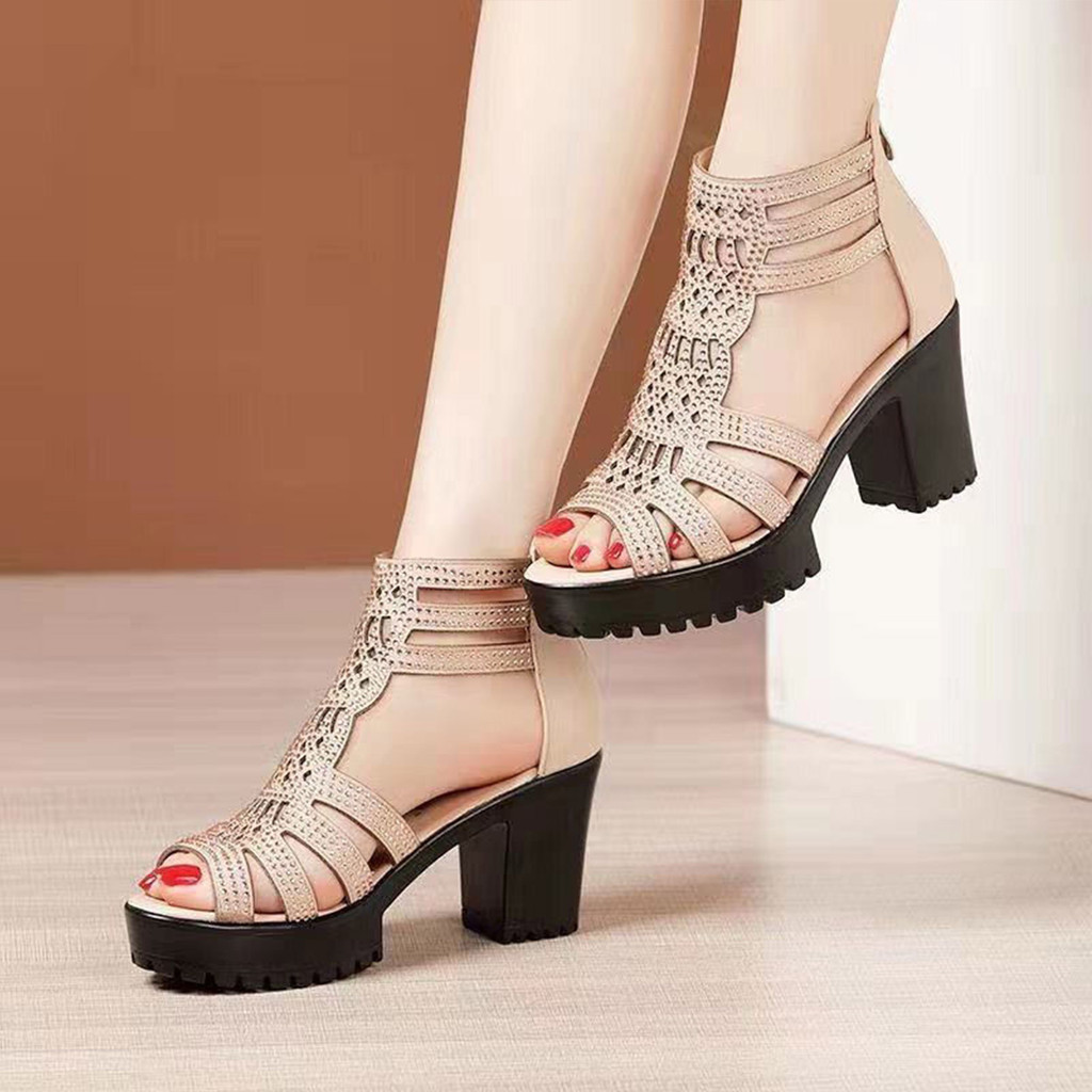 Giày Gót Chunky Nữ Có Lưng Mắt Cá Chân Zip Peep-toe Cho Tiệc Sinh Nhật Người Lớn Lễ