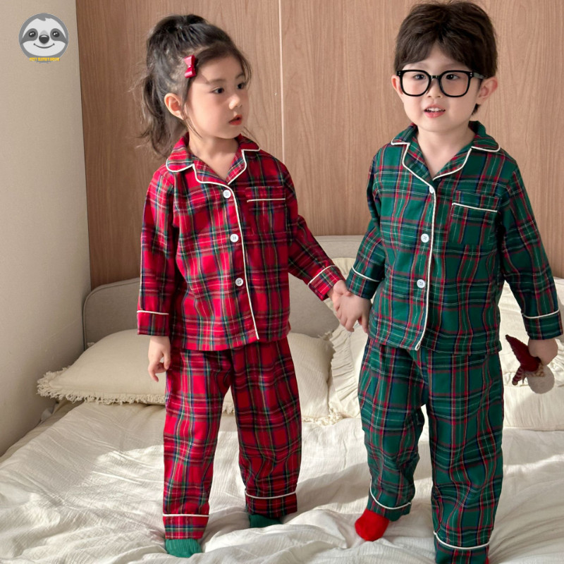 Bộ đồ ngủ bằng vải cotton nguyên chất kẻ sọc chấm bi cho trẻ em / Bộ đồ ngủ kẻ sọc cotton nguyên chất phong cách Giáng sinh cho bé trai / Quần trẻ em Phòng chờ đi chơi dài tay