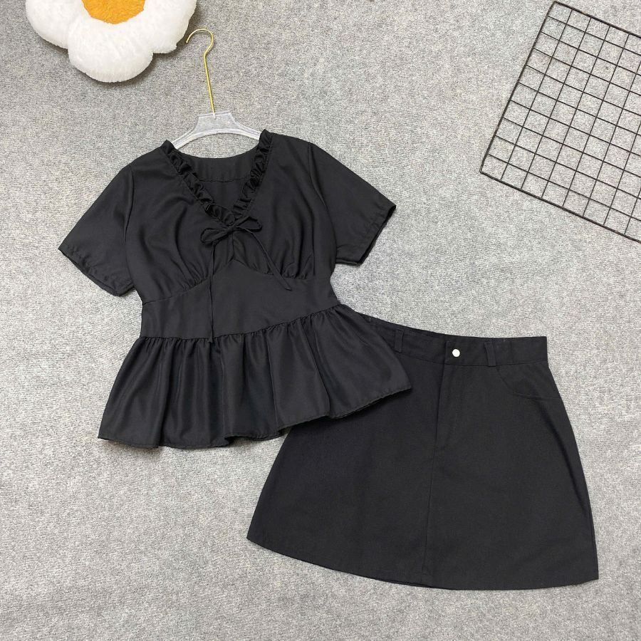 Set Bigsize Cô Nhỏ Áo Kiểu Baby Doll Ngắn Tay Kèm Chân Váy Kaki Dáng A Lưng Cao A315+CV11