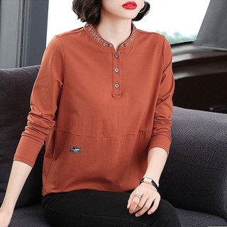Áo thun dài tay cổ tròn thêu dành cho mẹ trung niên, vừa vặn và thời trang