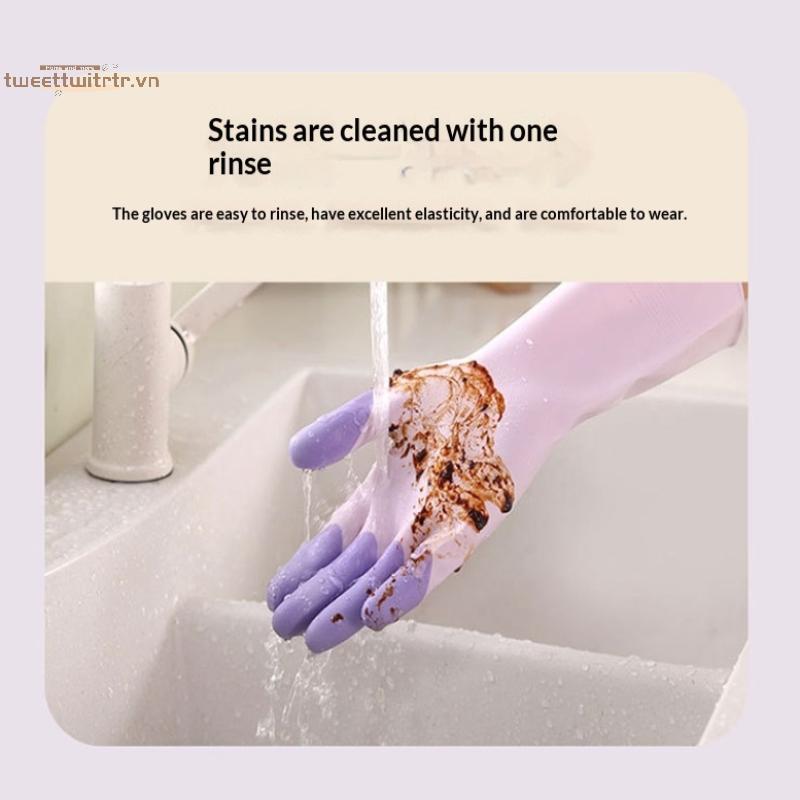 TRTR Silicone Rửa Bát Găng Tay Vệ Sinh Đồ Dùng Nhà Bếp Chống Trượt Tiện Lợi Dài Rửa Bát Găng Tay Có Thể Tái Sử Dụng Hộ Gia Đình VN