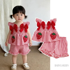 Tập Đi Bé Gái Mùa Hè 2 Chiếc Bộ Dâu Thêu Kẻ Sọc Nơ Xù Viền Xe Tăng Áo Và Quần Short