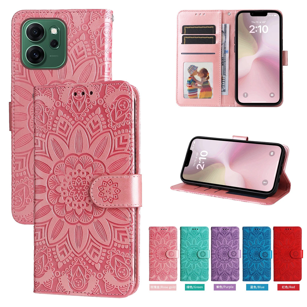 Ví da từ tính Flip Case cho OPPO Reno14 F Reno 14F 5G Vỏ điện thoại hoa hướng dương dập nổi