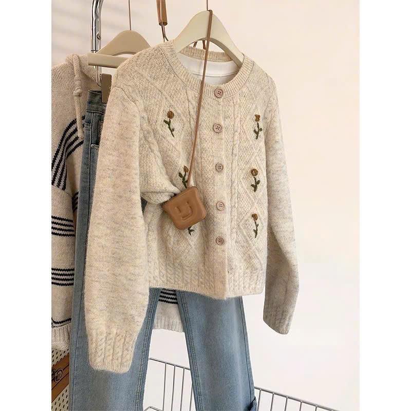 (HÀNG QCCC LOẠI 1) Áo len cardigan dài tay phối họa tiết hoa độc đáo chất liệu len XIMIMI SP403