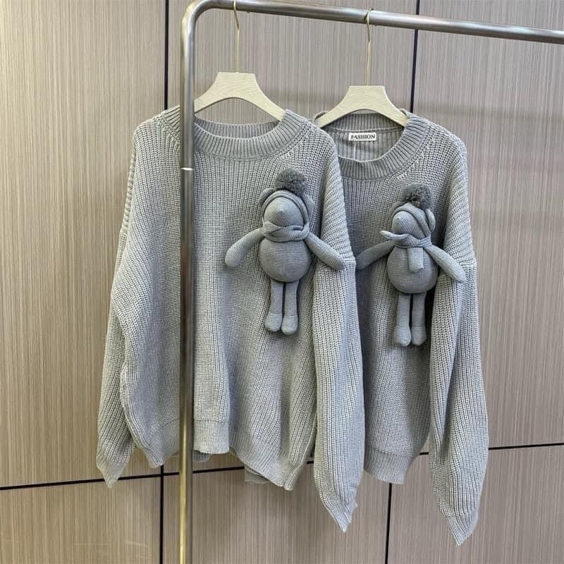 Áo Len Xám Mix Gấu Đan KCloét Áo Sweter Dày Dặn Nữ Tính NA479