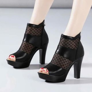 GIÀY BỐT HỞ MŨI PHỐI LƯỚI DA XỊN 10CM TTYY 11
