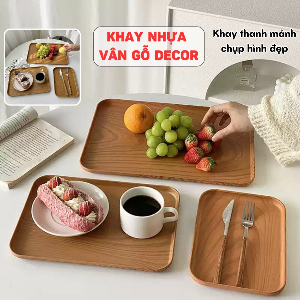 Nhựa Vuông Khay Phong Cách Nhật Bản Giả Hạt Gỗ Khay Hộ Gia Đình Trà Đĩa Dày Khay Trà - FE123
