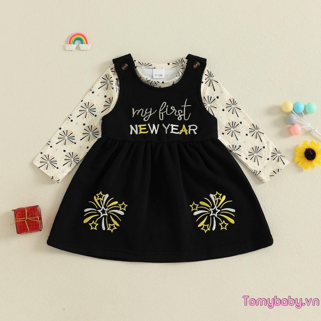 Bộ trang phục 2 món cho bé gái Năm mới Bộ áo liền quần cổ chữ O dài tay + Bộ váy không tay thêu chữ