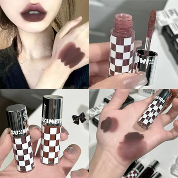 Checkered Khỏa Thân Tím Mờ Môi Bùn Mousse Son Môi Chống Thấm Nước Punk Đỏ Nhung Son Bóng Chống Dính Cốc Son Môi Tint Trang Điểm Môi
