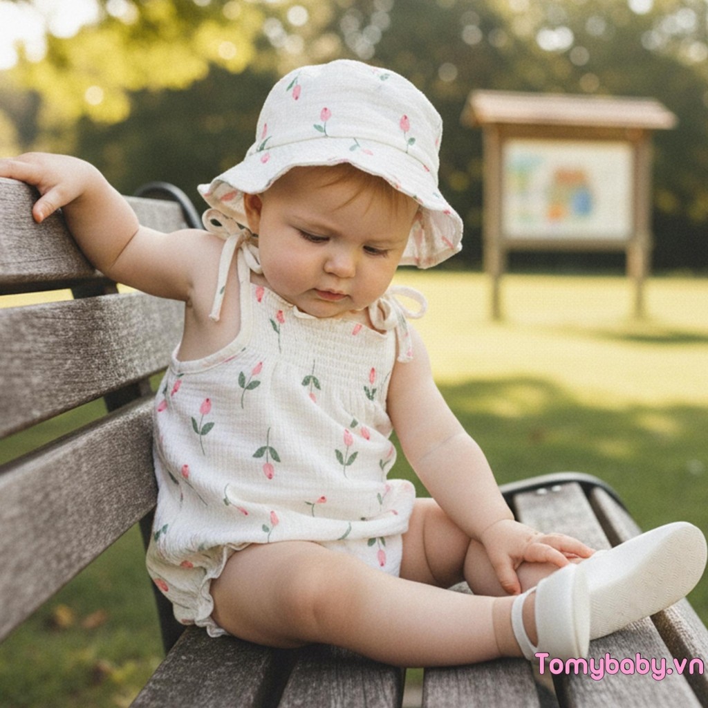 Bé Gái Mùa Hè Ngọt Ngào Áo Liền Quần Trẻ Sơ Sinh Không Tay Quai Họa Tiết Hoa Có Mũ