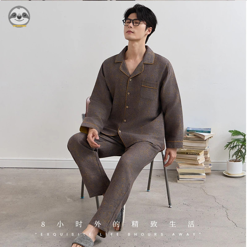 Bộ đồ ngủ nam retrojacquard từ cotton nguyên chất sợi đôi, phong cách Nhật Bản, thiết kế linh hoạt để mặc cả bộ hoặc rời