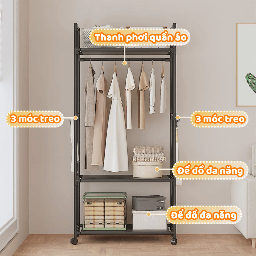Kệ Treo Quần Áo Cao Cấp Thép Không Gỉ, Kệ Để Đồ Đa Năng Nhiều Tầng Có Bánh Xe, Chịu Lực Tốt DINO