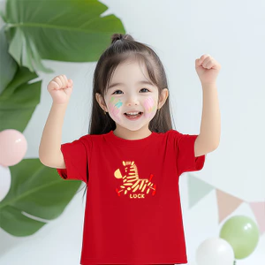 Trẻ em 2026 Áo thun màu đỏ ngựa may mắn với lễ hội Tết Nguyên Đán in hình Áo ngắn tay vui vẻ cho bé trai bé gái