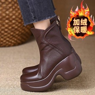 Giày Bốt Ngắn Nữ Mũi Tròn Dày Gót Lưng Dây Kéo Thời Trang Ôm Hơn Nhìn