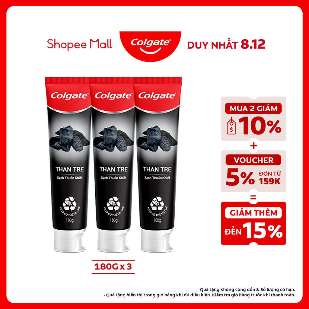 Bộ 3 Kem đánh răng Colgate thiên nhiên Than tre khử mùi diệt khuẩn 180g