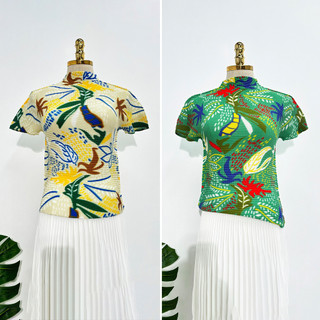 Miyake Áo Xếp Ly Mùa Hè Phong Cách Retro, Họa Tiết In Hình, Nửa Cổ Rùa, Mặc Thoải Mái