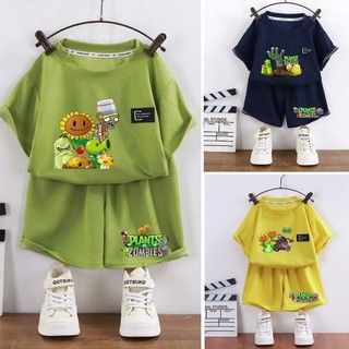 Plants VS Zombies Quần Short Tay Ngắn In Hình Hoạt Hình Thoải Mái Waffle Vải Mỏng Trẻ Em Mặc Nhà Pyjama Bộ