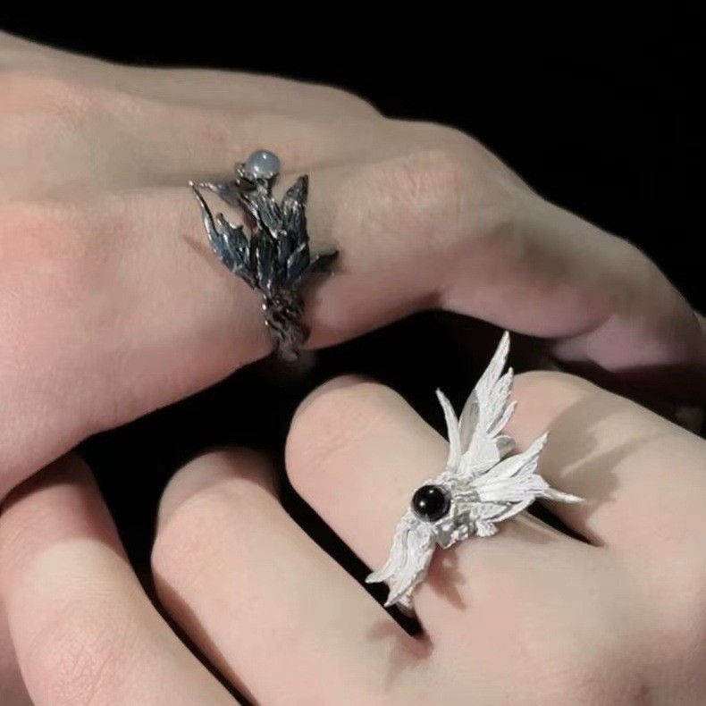 Nhẫn đôi thiết kế cổ điển đen trắng lông vũ mở, quà tặng Valentine tuyệt vời