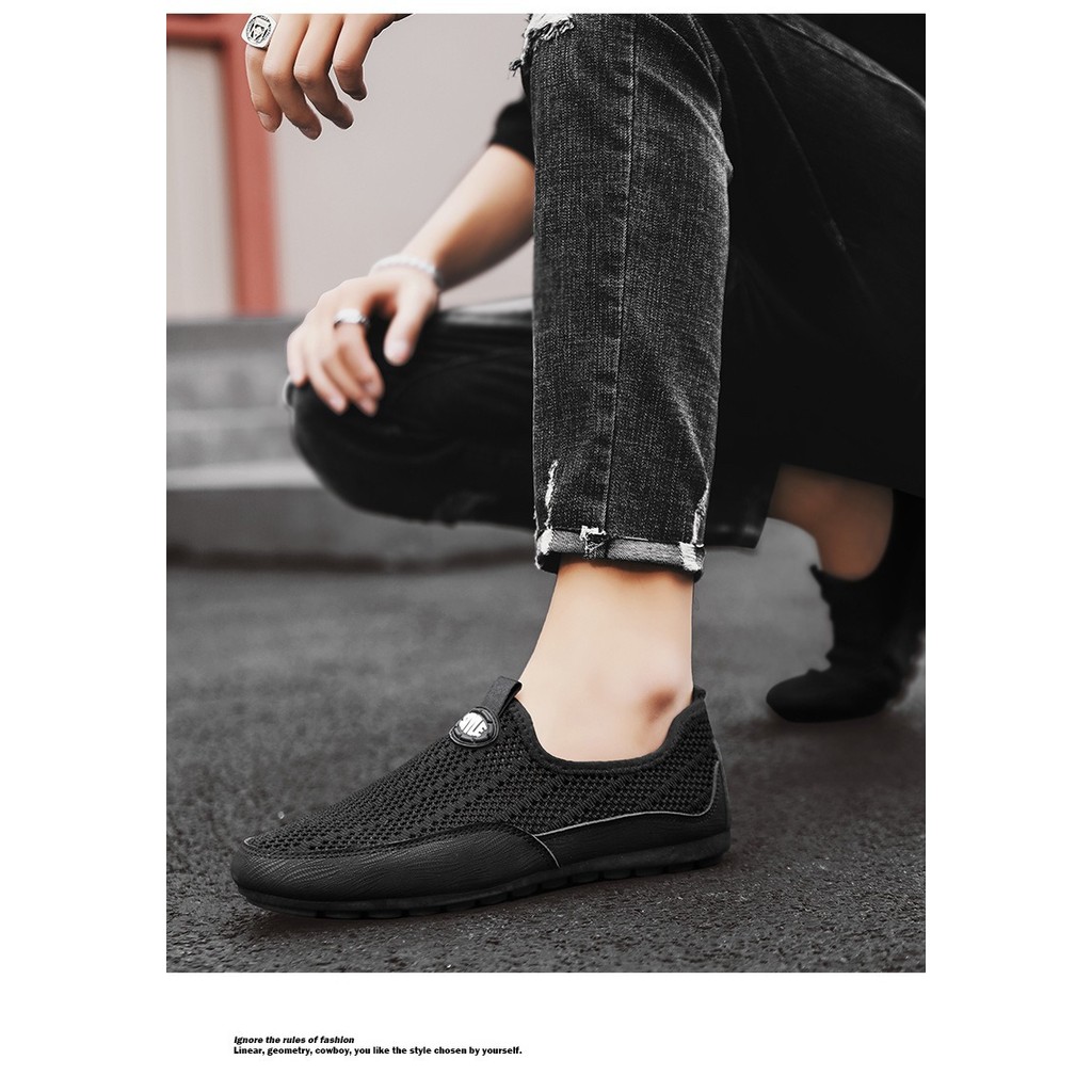 Giày Nam Mùa Hè Rỗng Lưới Thoáng Khí Mỏng Phong Cách Lái Xe Dạo Phố Giày Lưới Nam Slip-On Thể Thao Thường Ngày Đậu Hà Lan Giày Hợp Thời Trang JU8P