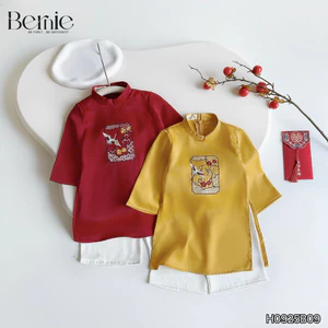 Áo dài lụa Bernie họa tiết thêu hạc xuân thiết kế cách tân đẹp mắt cho bé trai 10-25kg
